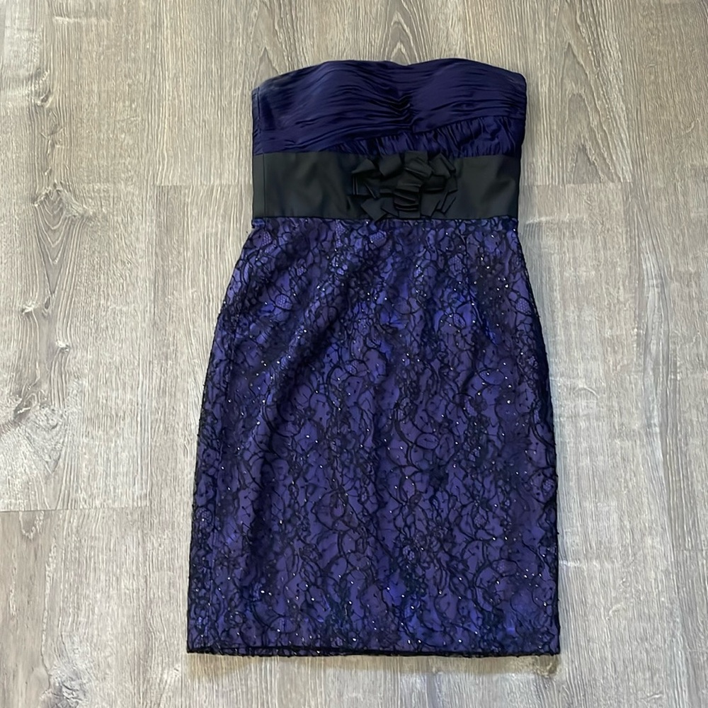 Marc Bouwer Glamiti Silk Strapless Dress Size 6 Purple Black Sequined Lace
